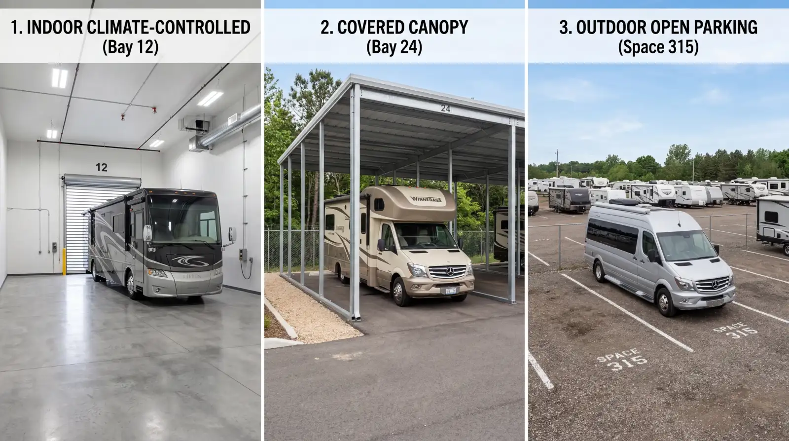 Three RV storage types compared: indoor climate-controlled facility, covered canopy structure, and outdoor open lot