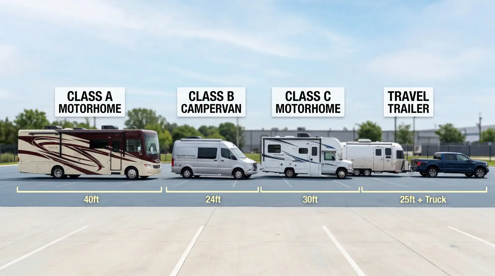 Four RV classes compared side by side showing Class A motorhome, Class B van, Class C, and travel trailer with dimensions