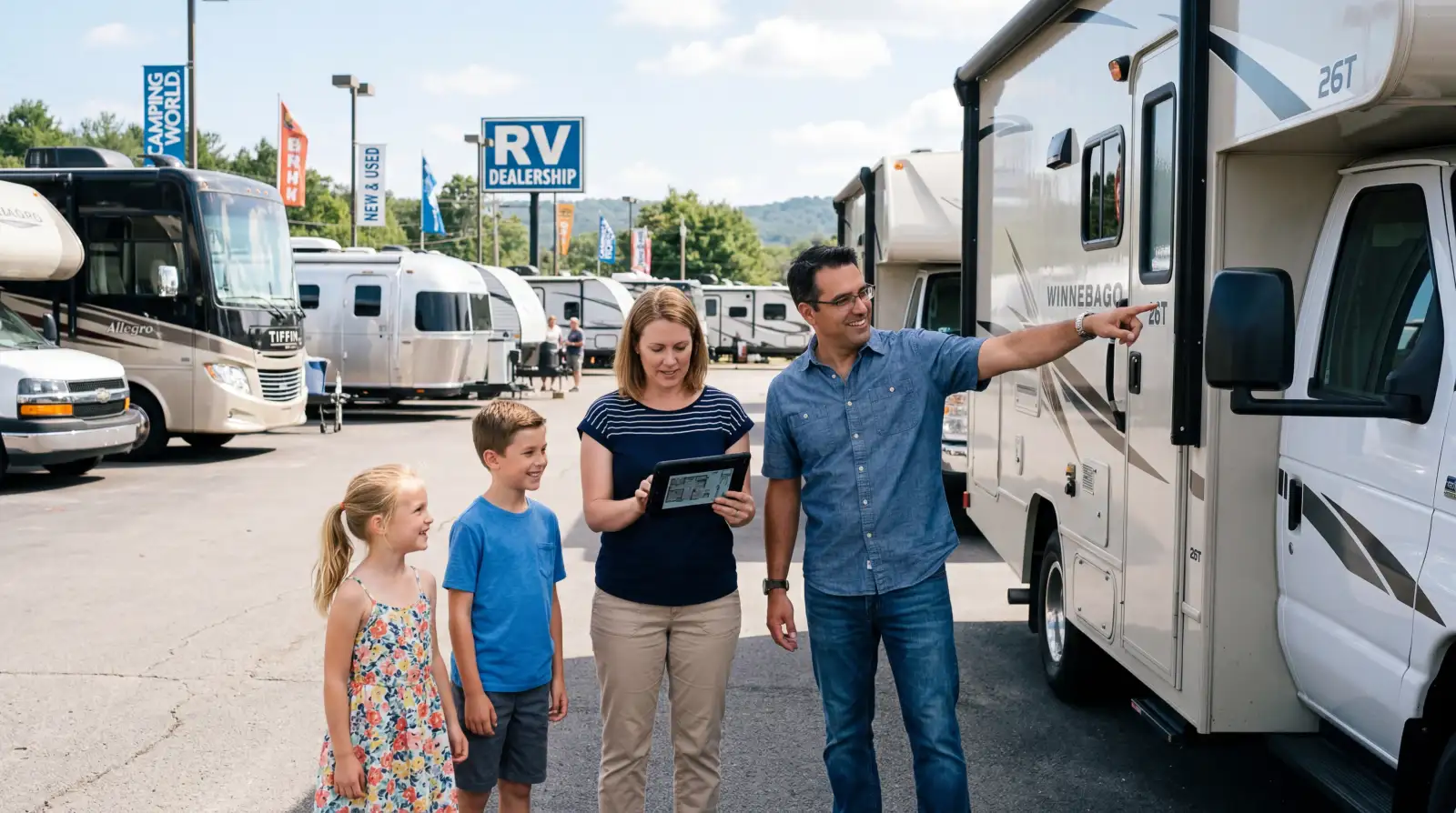 Family comparing RV models at a dealership lot while reviewing options on a tablet