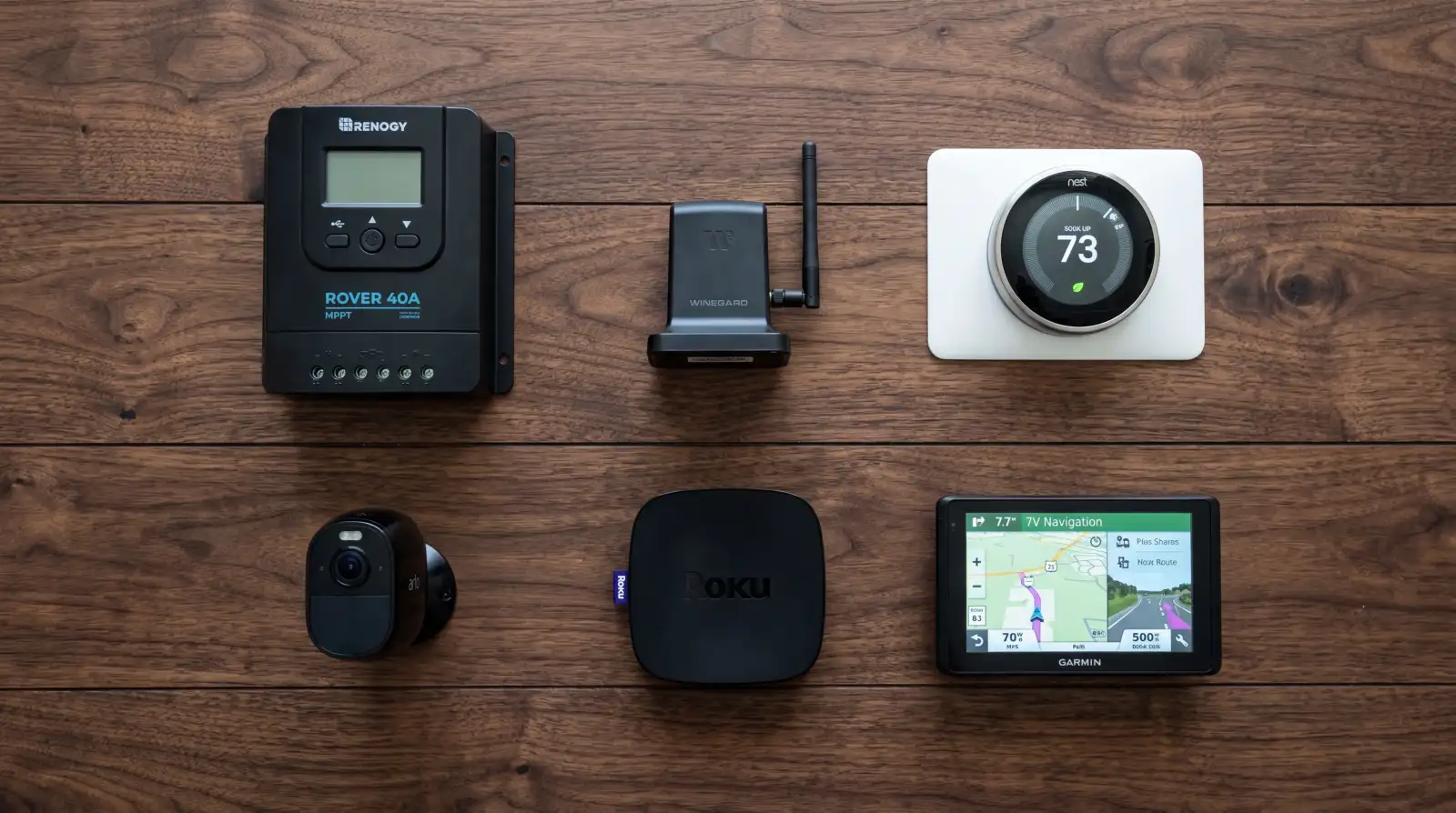 Flat lay of essential RV technology upgrades including solar controller, WiFi booster, smart thermostat, and GPS navigation