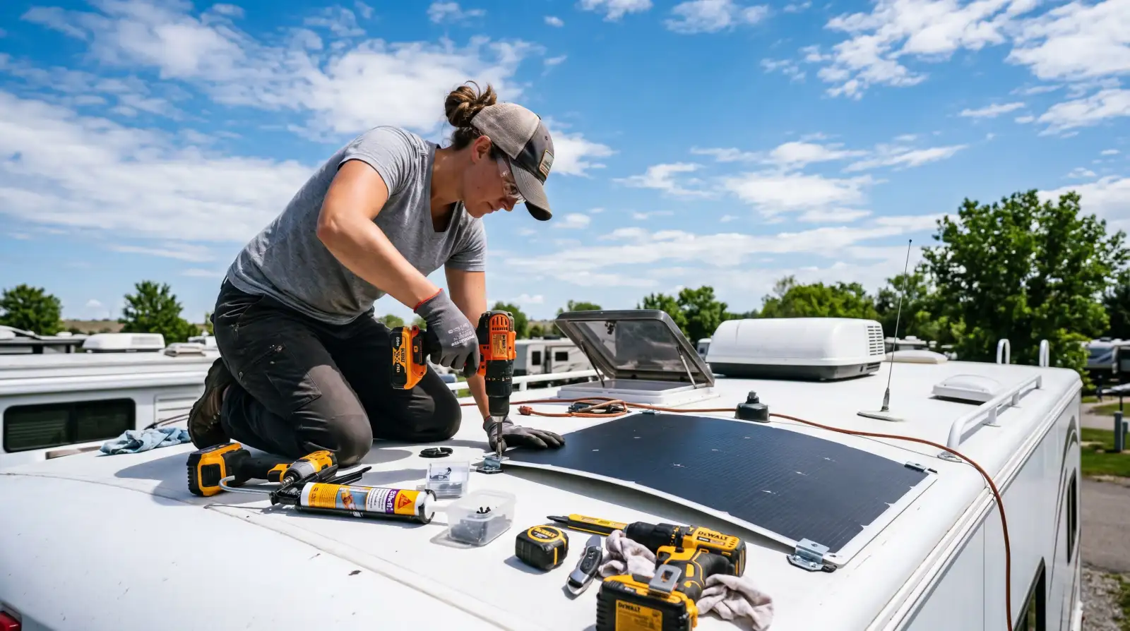 RV owner installing a solar panel on a motorhome roof with mounting hardware and tools