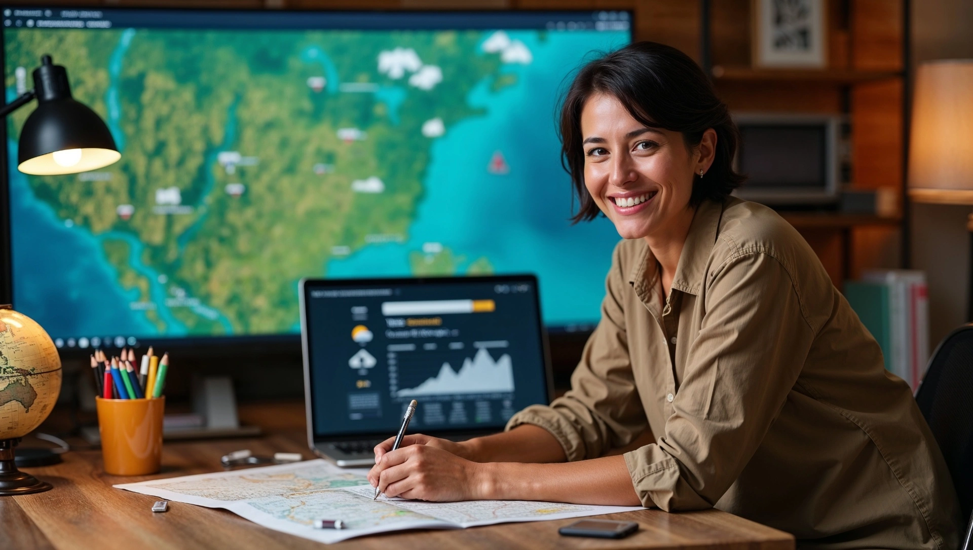 Person planning Smart RV trip with maps and weather data on computer