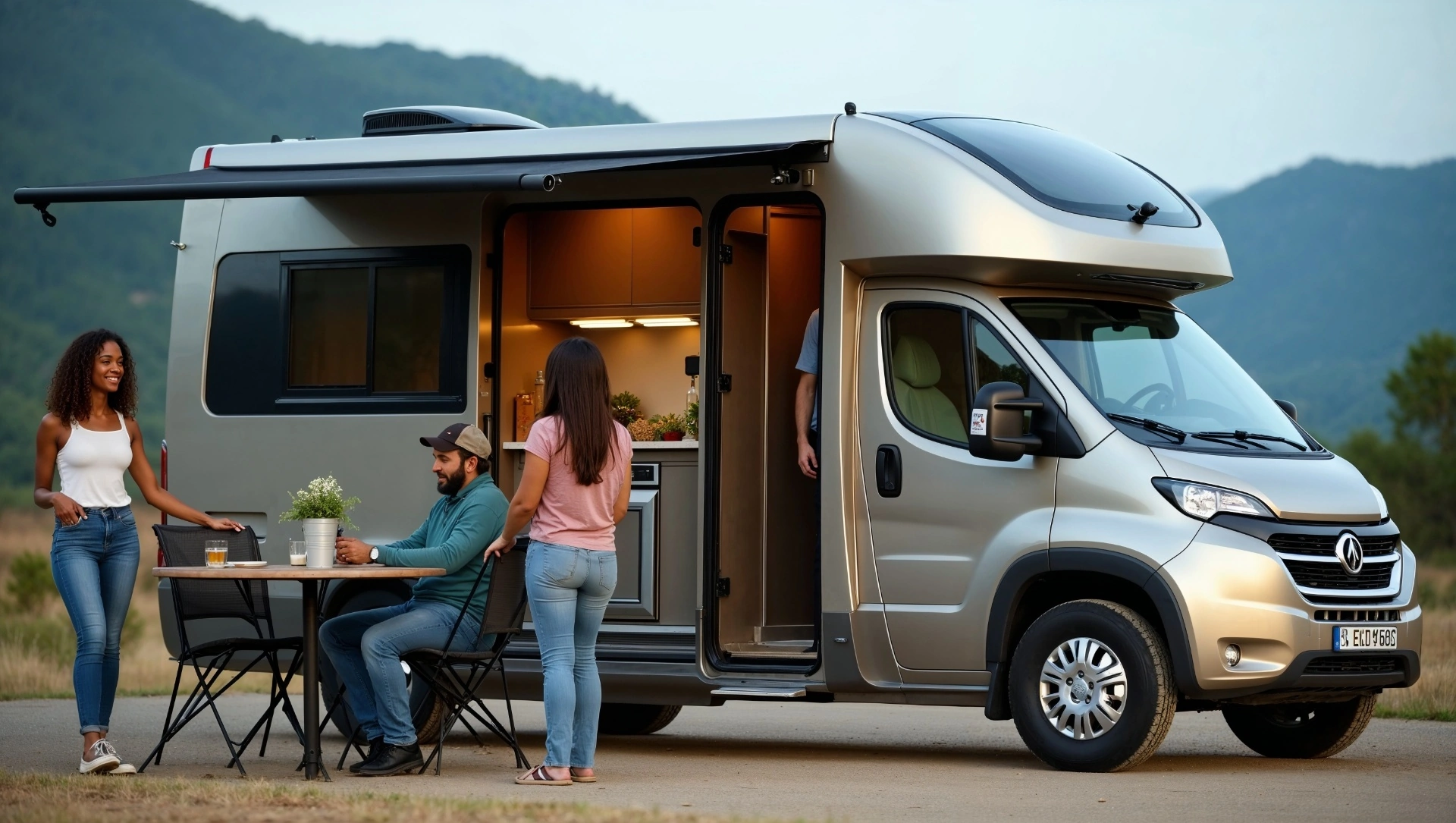 Smart RV parked among fall foliage