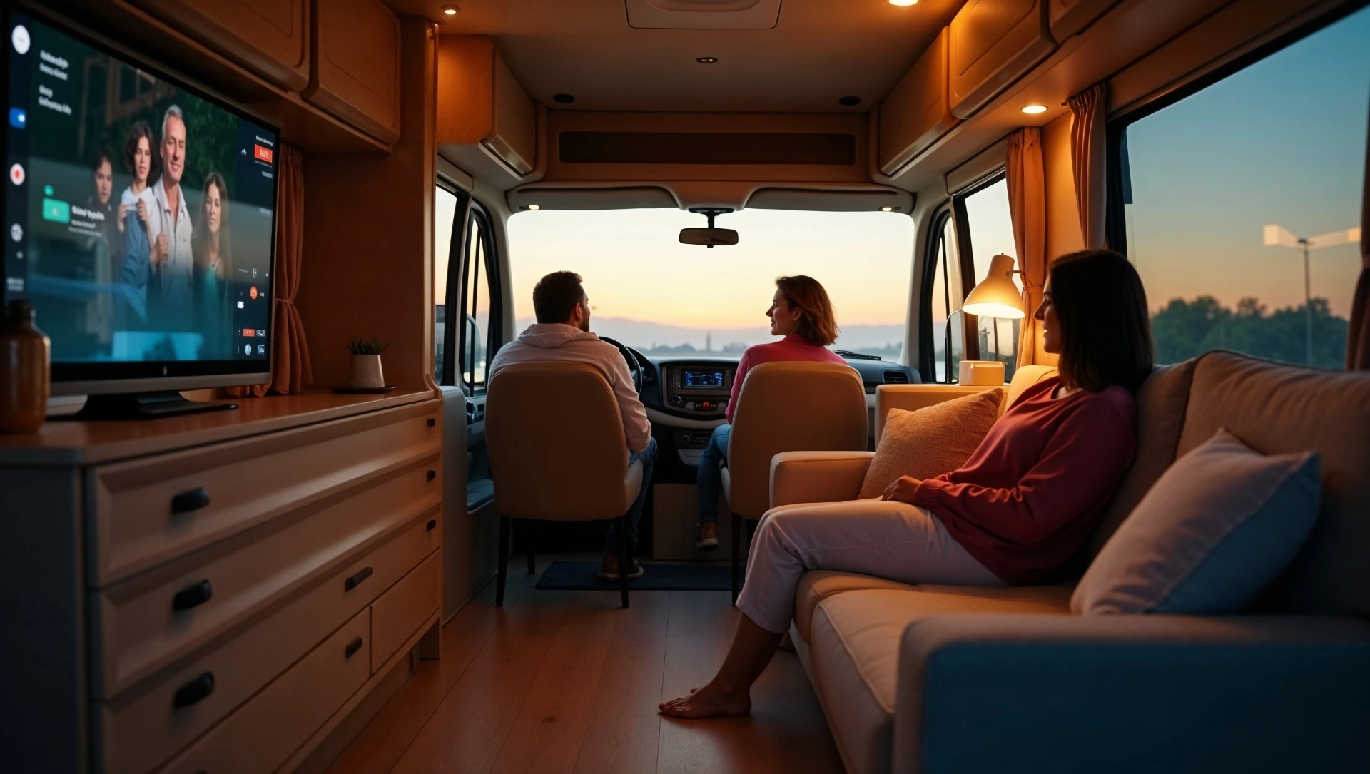 Comfortable RV interior with passengers enjoying the smart features