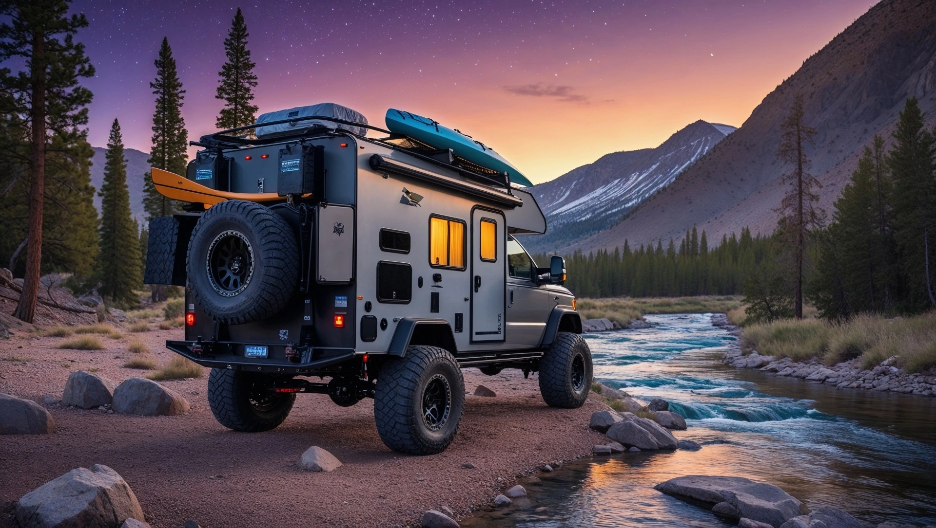 Adventure Smart RV at sunset by mountain stream