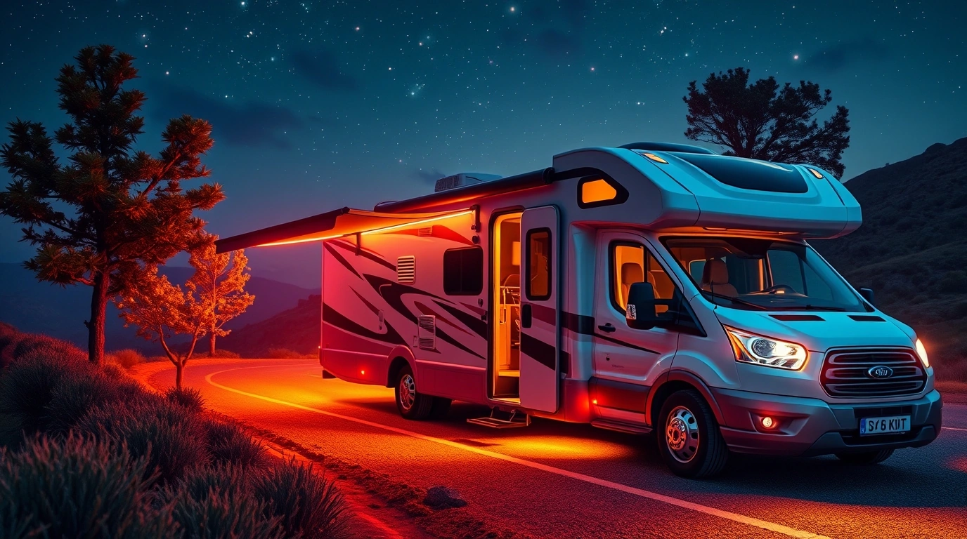 Smart RV under starry night sky with ambient lighting