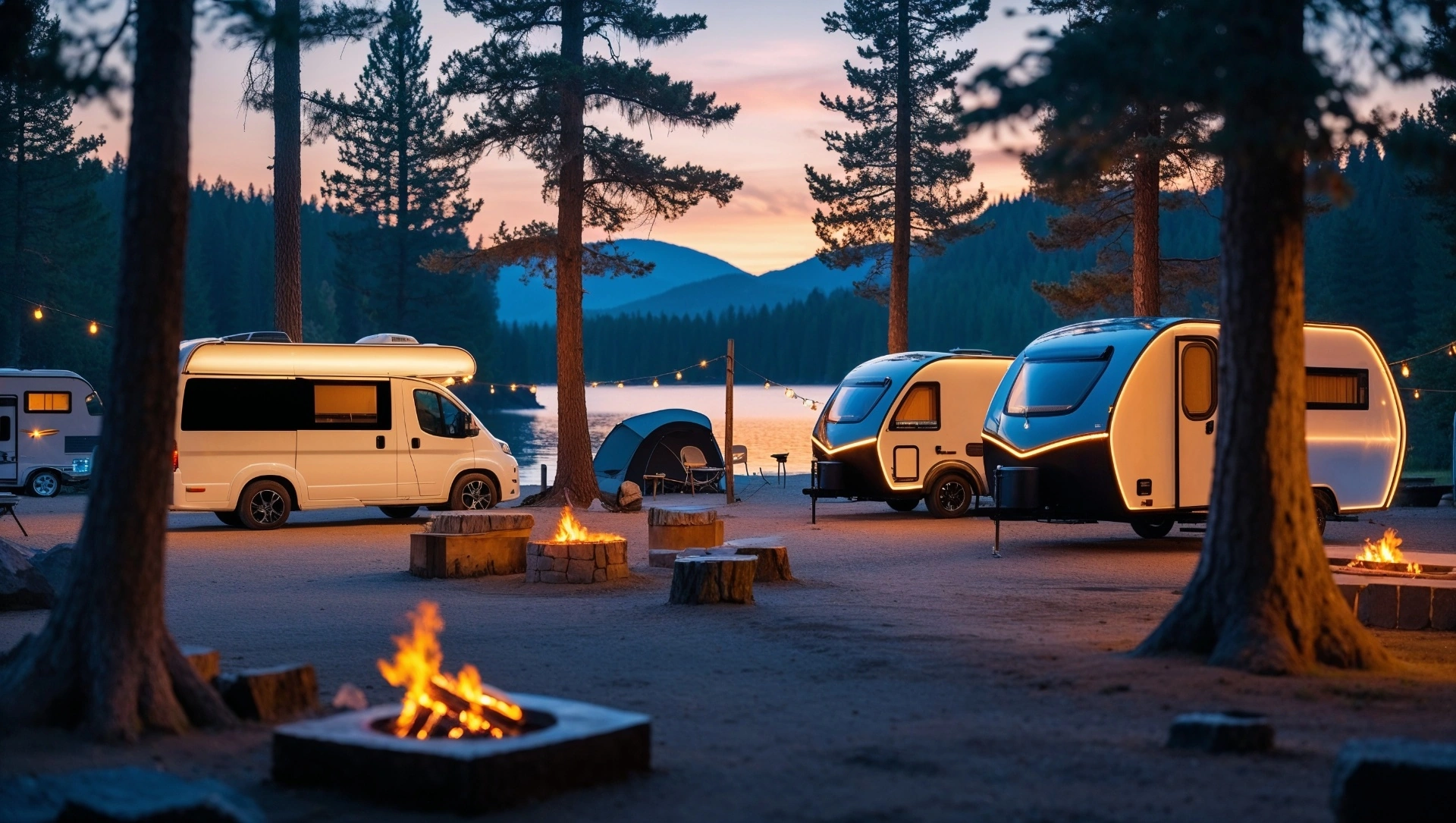 Compact Smart RVs at sunset with campfires and string lights