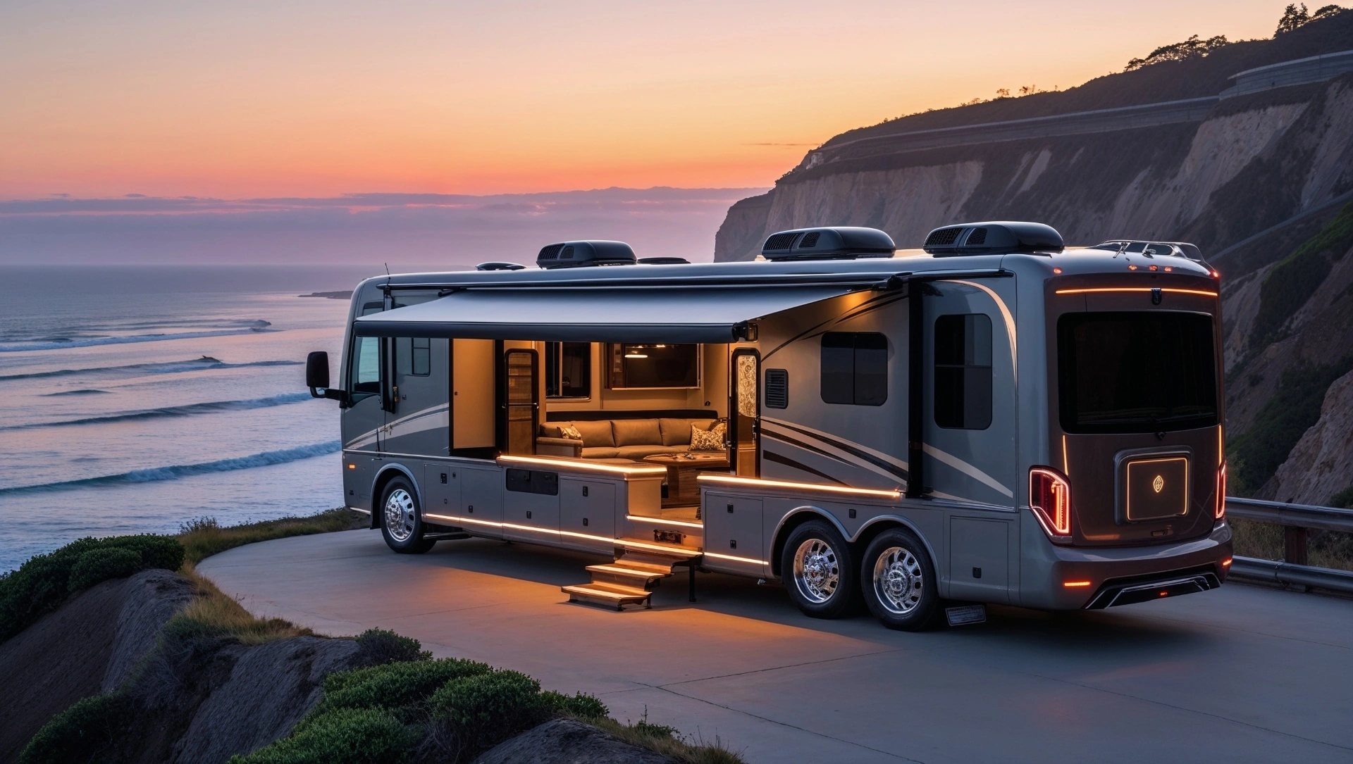 Luxury RV with slide-out overlooking coastal sunset