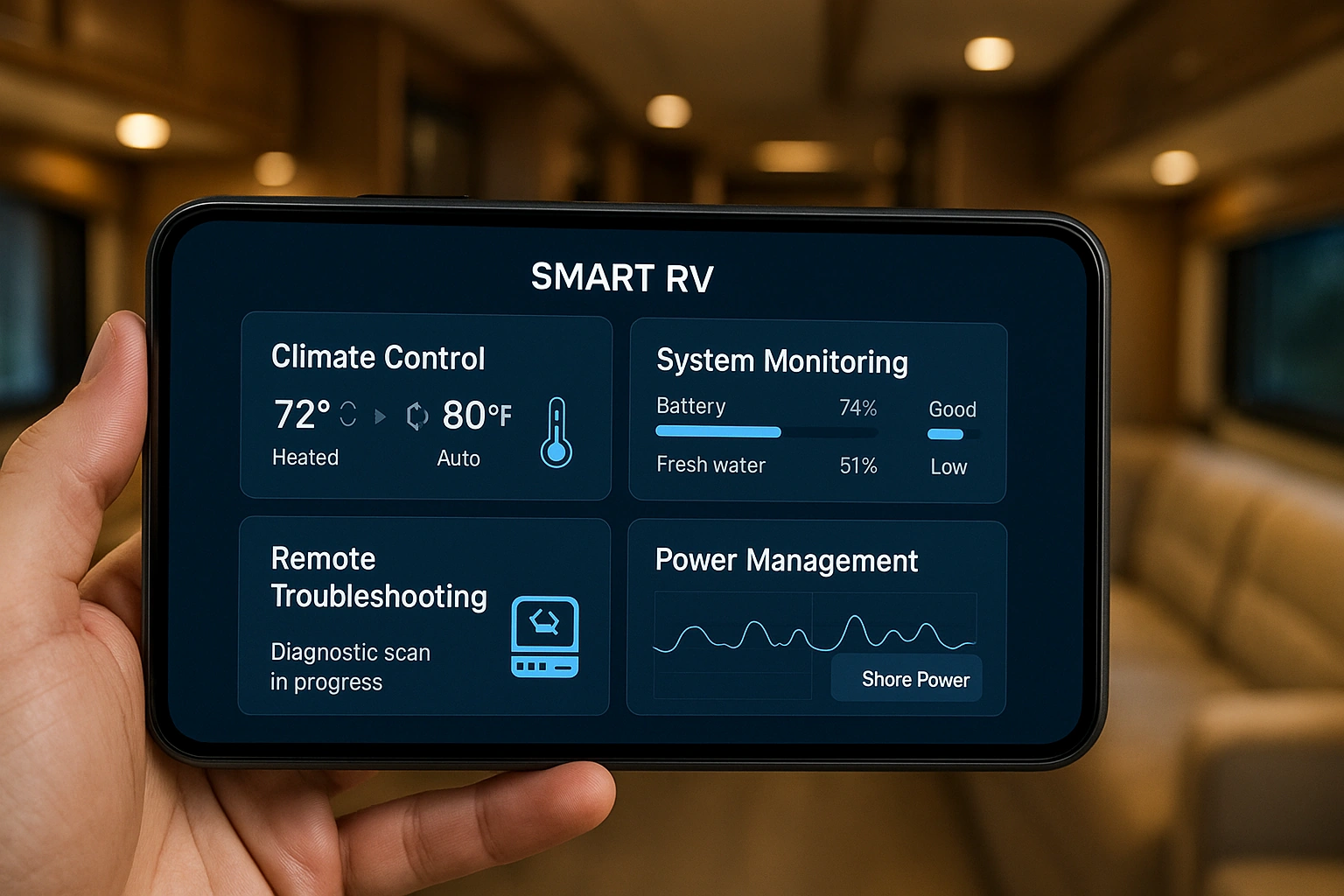 Smart RV automation control interface with multiple screens showing system monitoring and power management