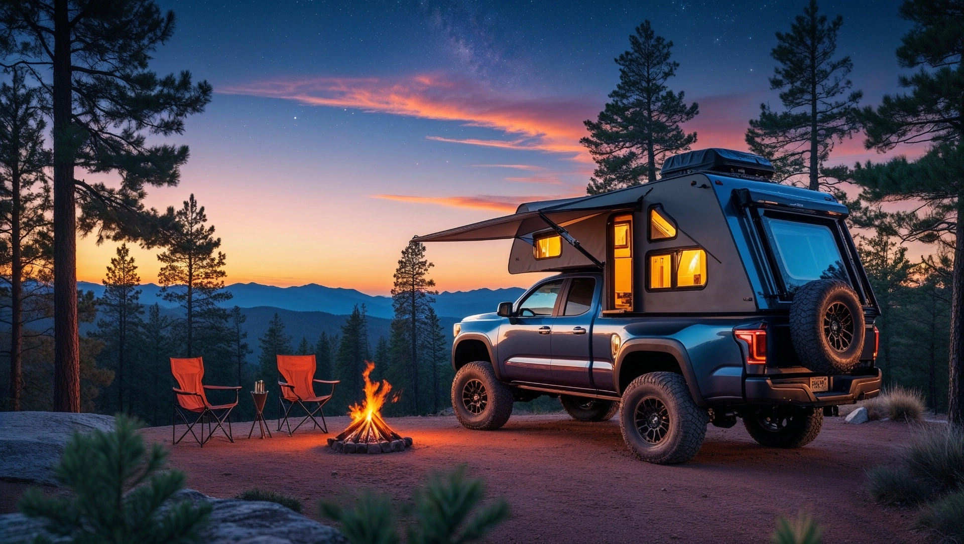 Adventure Smart RV with campfire at sunset in mountain setting