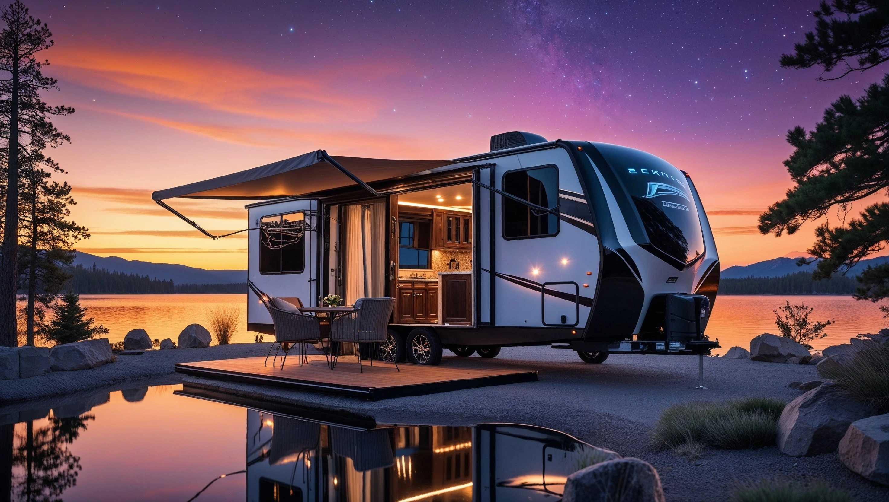 Premium travel trailer with modern exterior design and slide-outs