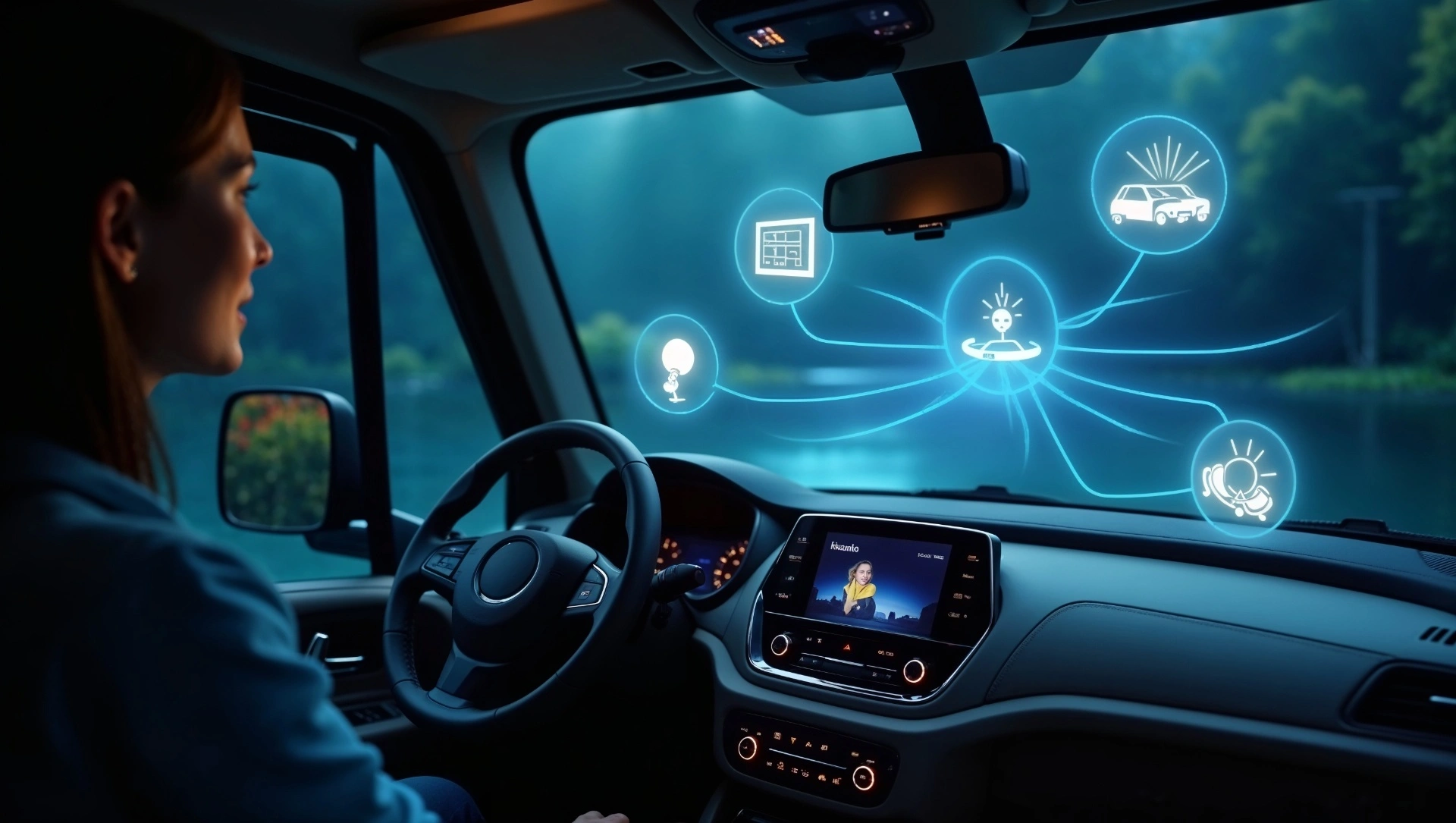 Smart RV voice control system visualization showing various connected features