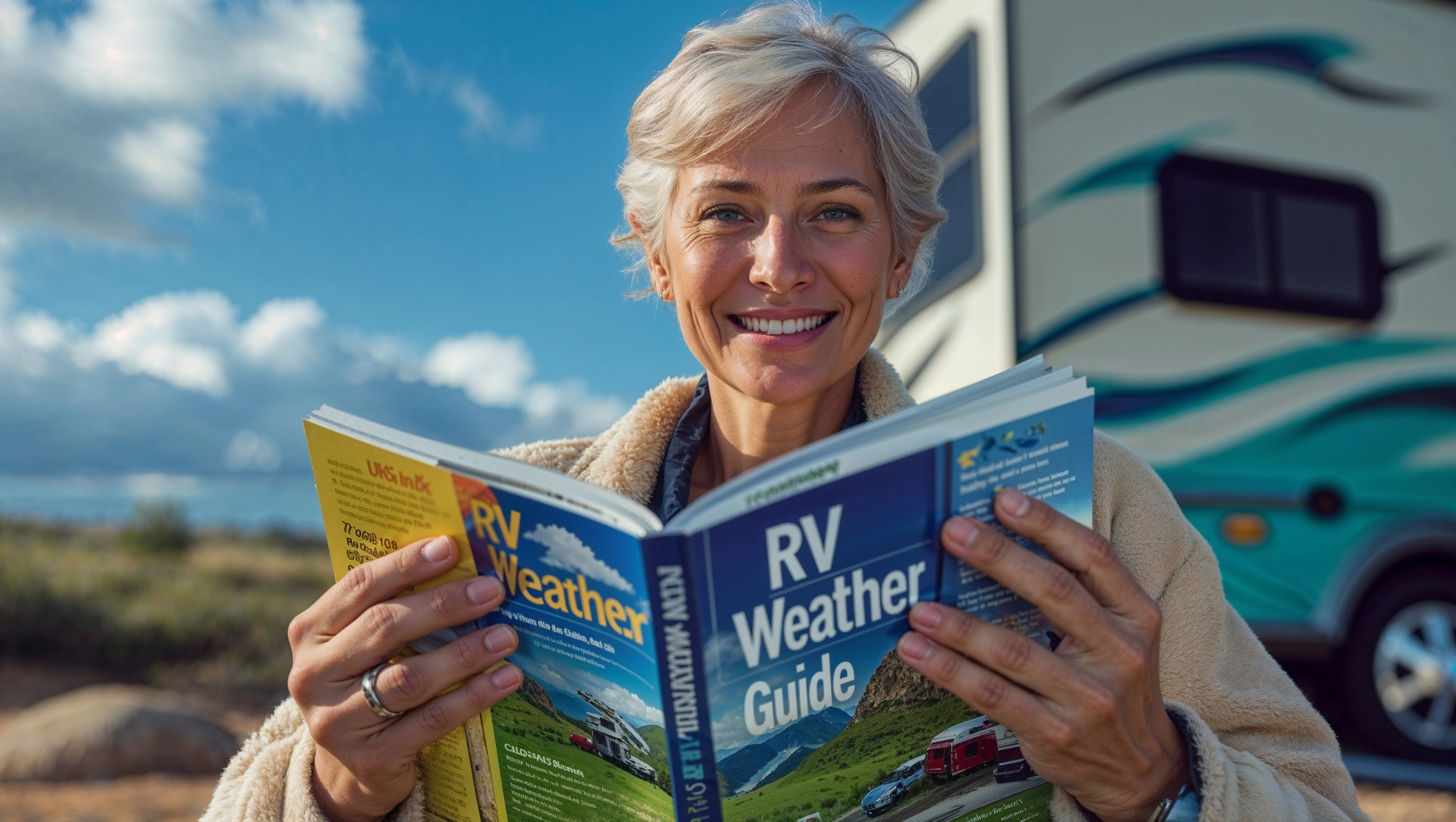 Woman reading Smart RV Weather Guide book with Smart RV in background