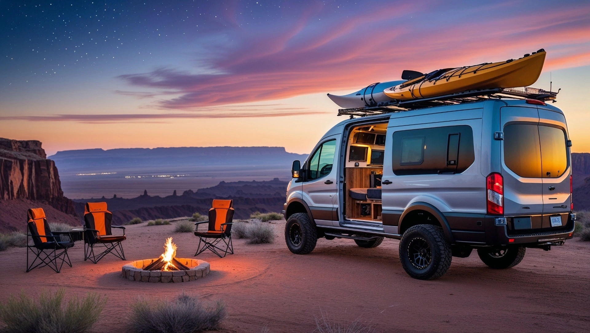 Adventure Smart RV at sunset with campfire