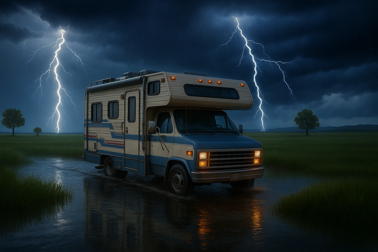 Smart RV in stormy weather with lightning strikes