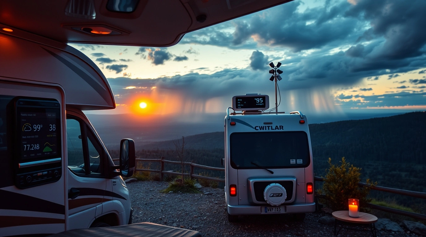 Smart RVs parked at sunset with dramatic winter sky