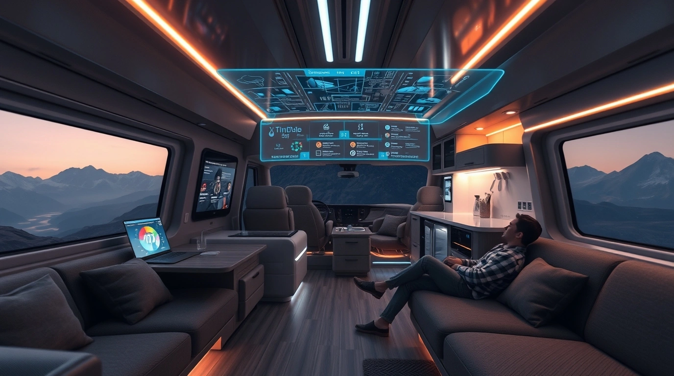 Futuristic RV interior with smart display and mountain view