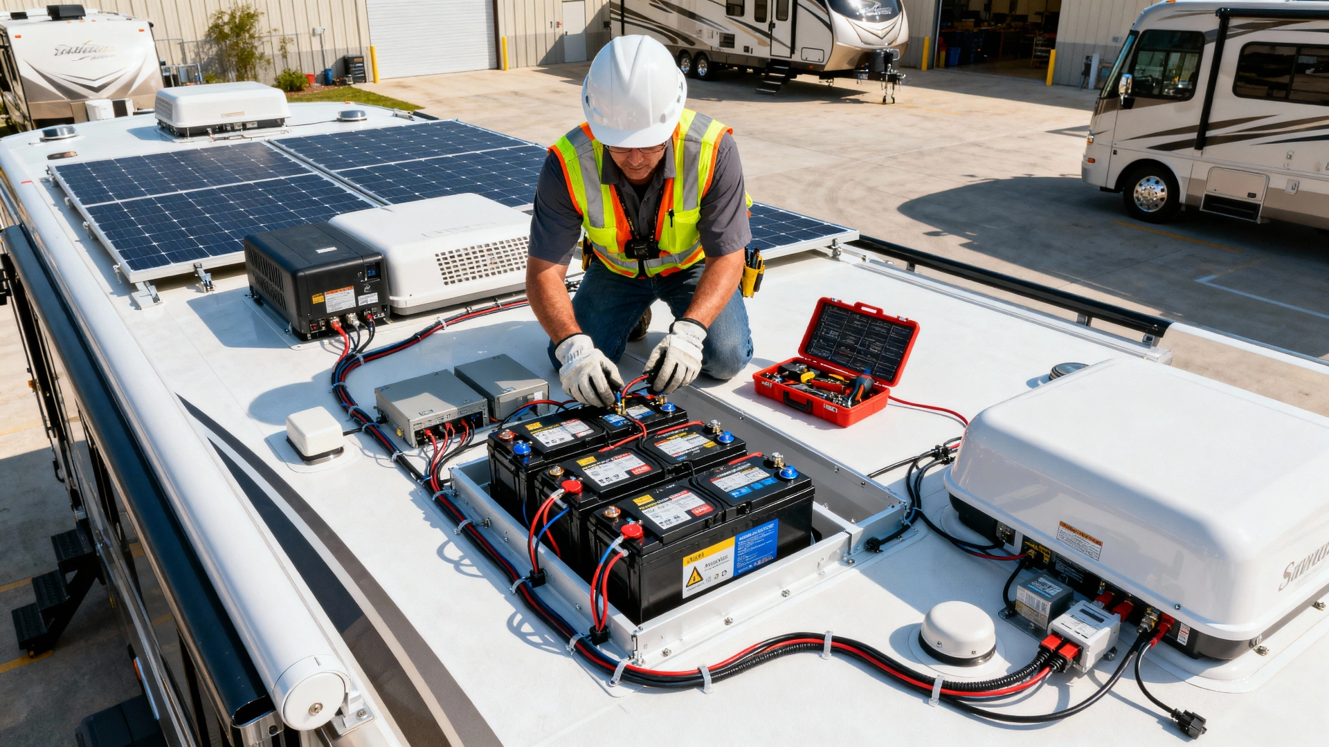 Professional technician installing RV power management system with solar panels and battery monitoring equipment
