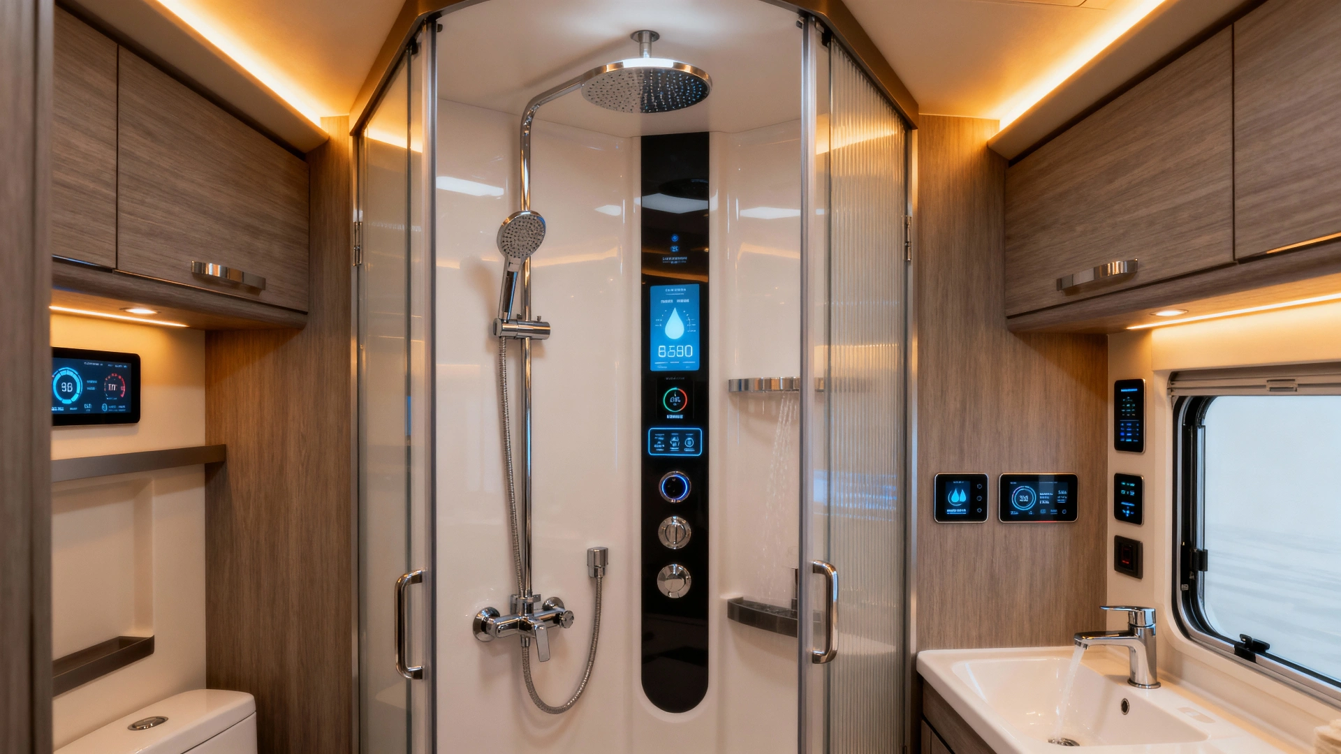 Modern RV bathroom with smart water system featuring digital shower controls and water monitoring displays