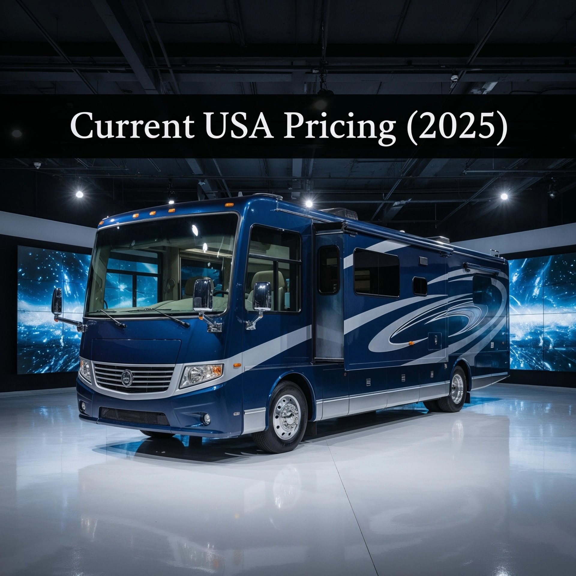 Modern RV in showroom displaying current USA pricing for 2026