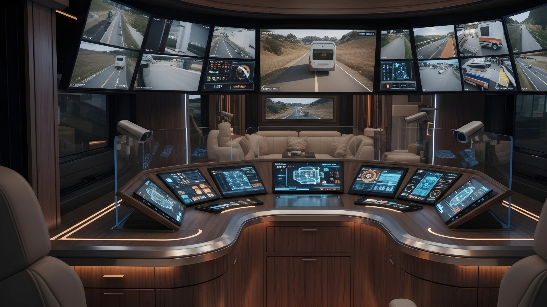 RV security command center with multiple monitoring displays and control panels