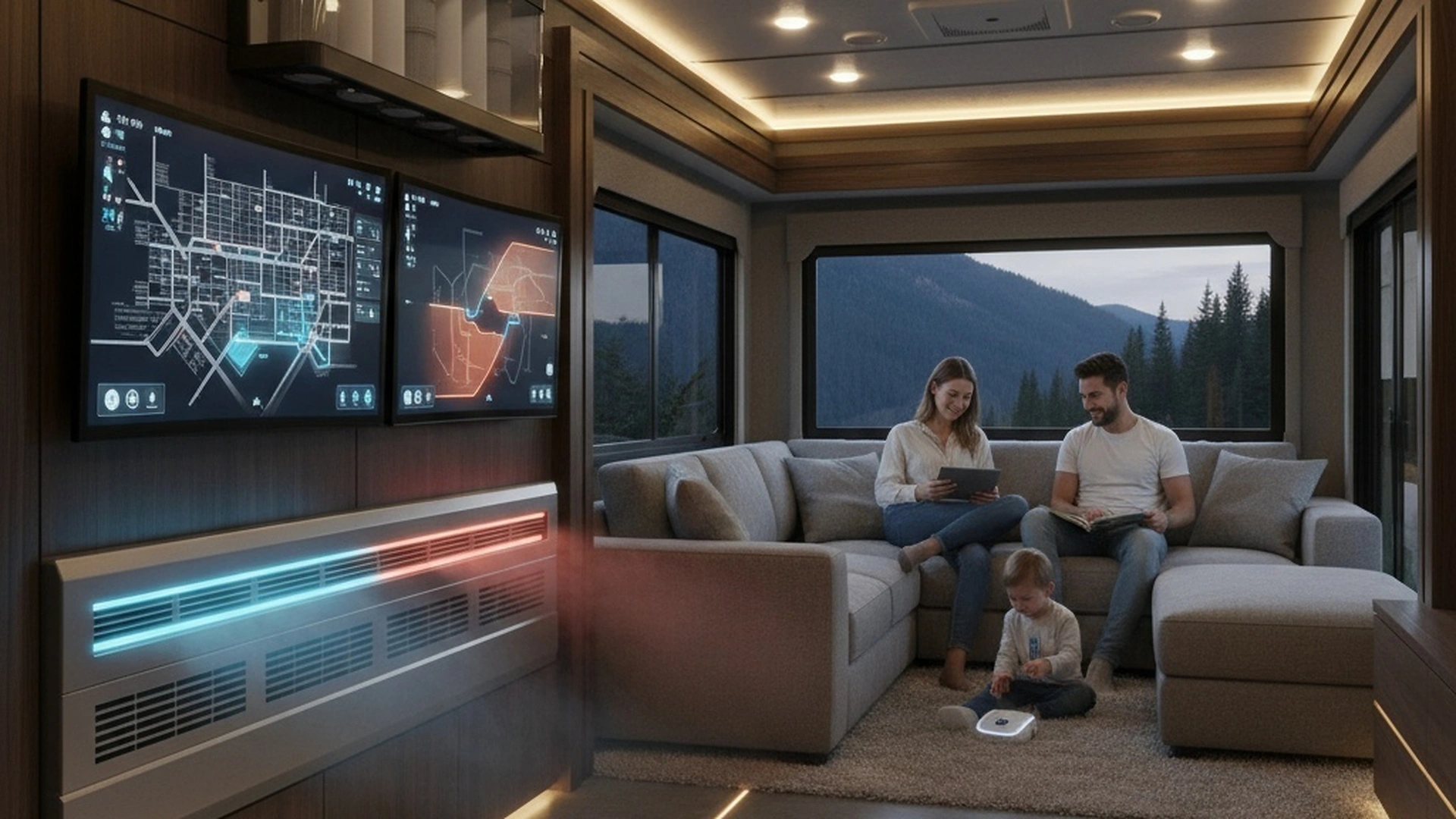 Smart climate control system interface with family in luxury RV interior showing temperature monitoring and HVAC controls
